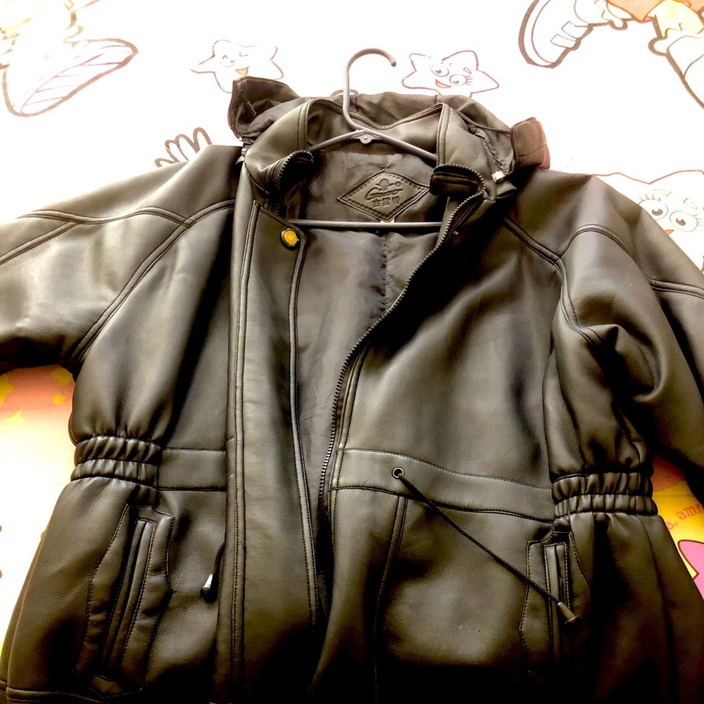 Black leather jacket with hoodie